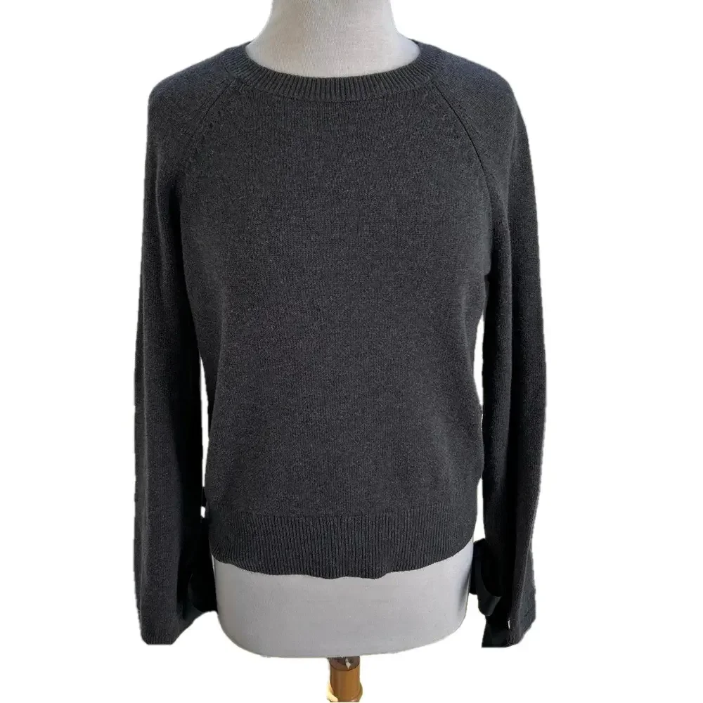 J. Crew Mercantile Small Dark Gray Knit Sweater Black Ribbon on Cuffs